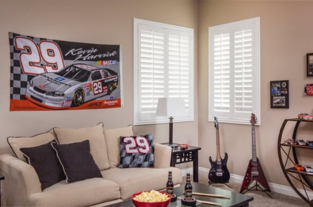 Plantation shutters in a man cave